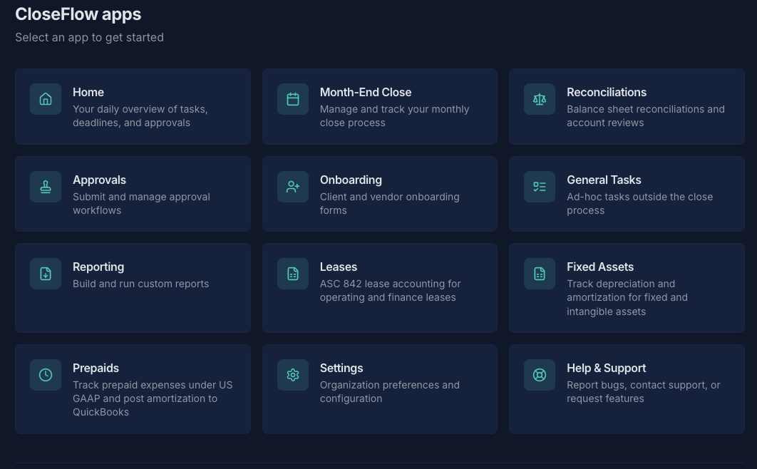 CloseFlow apps dashboard showing Home, Month-End Close, Reconciliations, Approvals, Onboarding, General Tasks, Reporting, Leases, Fixed Assets, Prepaids, Settings, and Help & Support